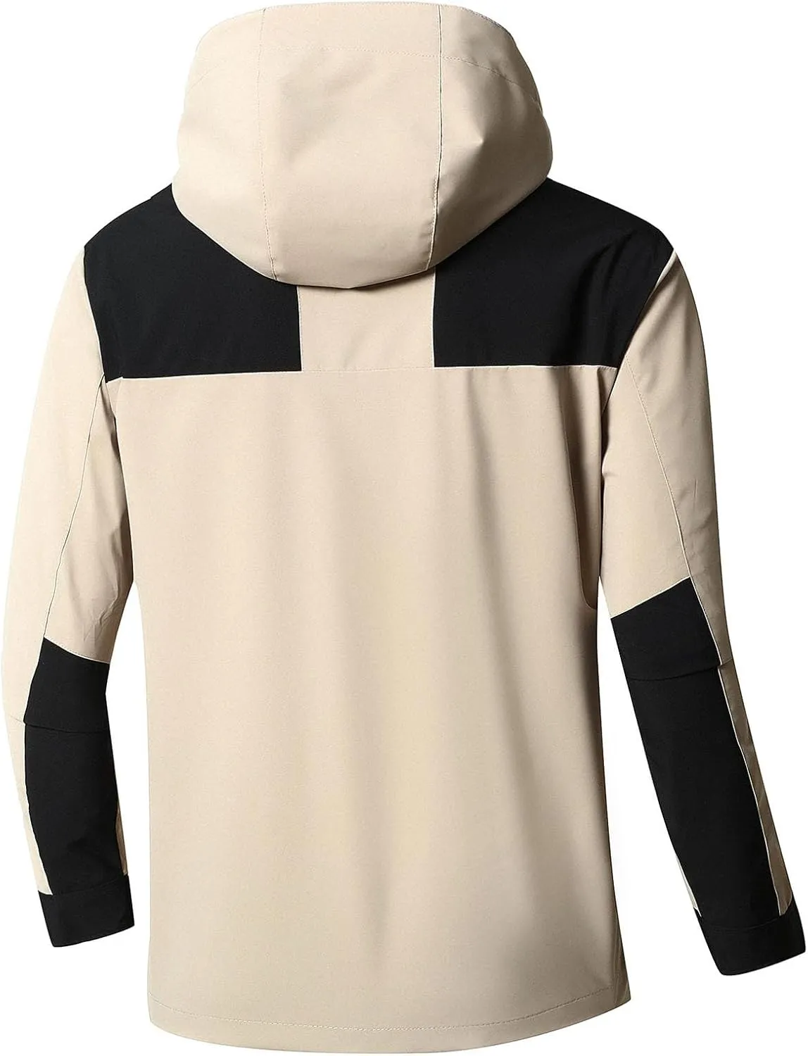 Mens Waterproof Rain Jacket with Removable Hood Fashion Color Block Rain Coat Outdoor Windbreaker with Pockets