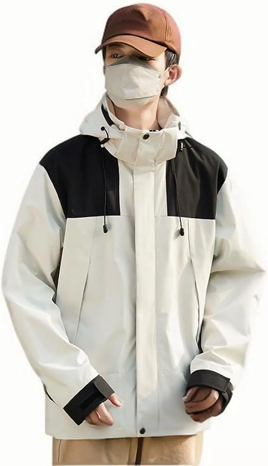 Mens Waterproof Rain Jacket with Removable Hood Fashion Color Block Rain Coat Outdoor Windbreaker with Pockets