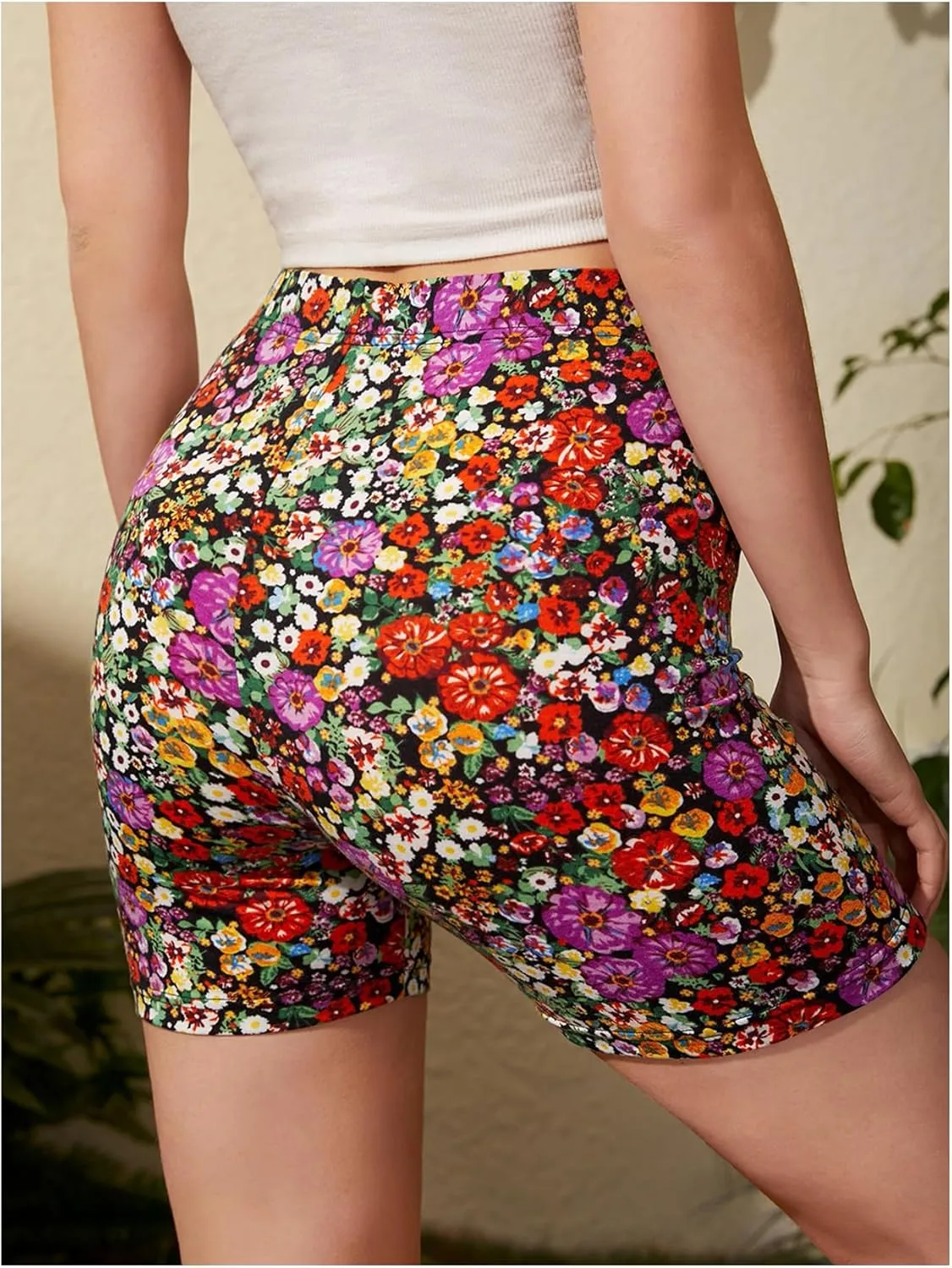Milumia Women's Floral Biker Shorts High Waist Tummy Control Gym Yoga Workout Shorts