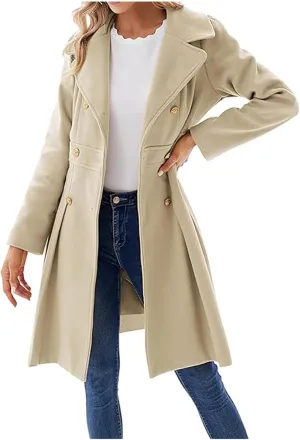 Mmoneyake Women's Fashion Trench Coat Notch Lapel Double Breasted Peacoat Elegant A Line Pea Coats Wool Blend Overcoat Jacket
