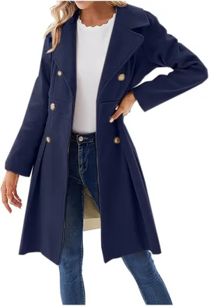 Mmoneyake Women's Fashion Trench Coat Notch Lapel Double Breasted Peacoat Elegant A Line Pea Coats Wool Blend Overcoat Jacket