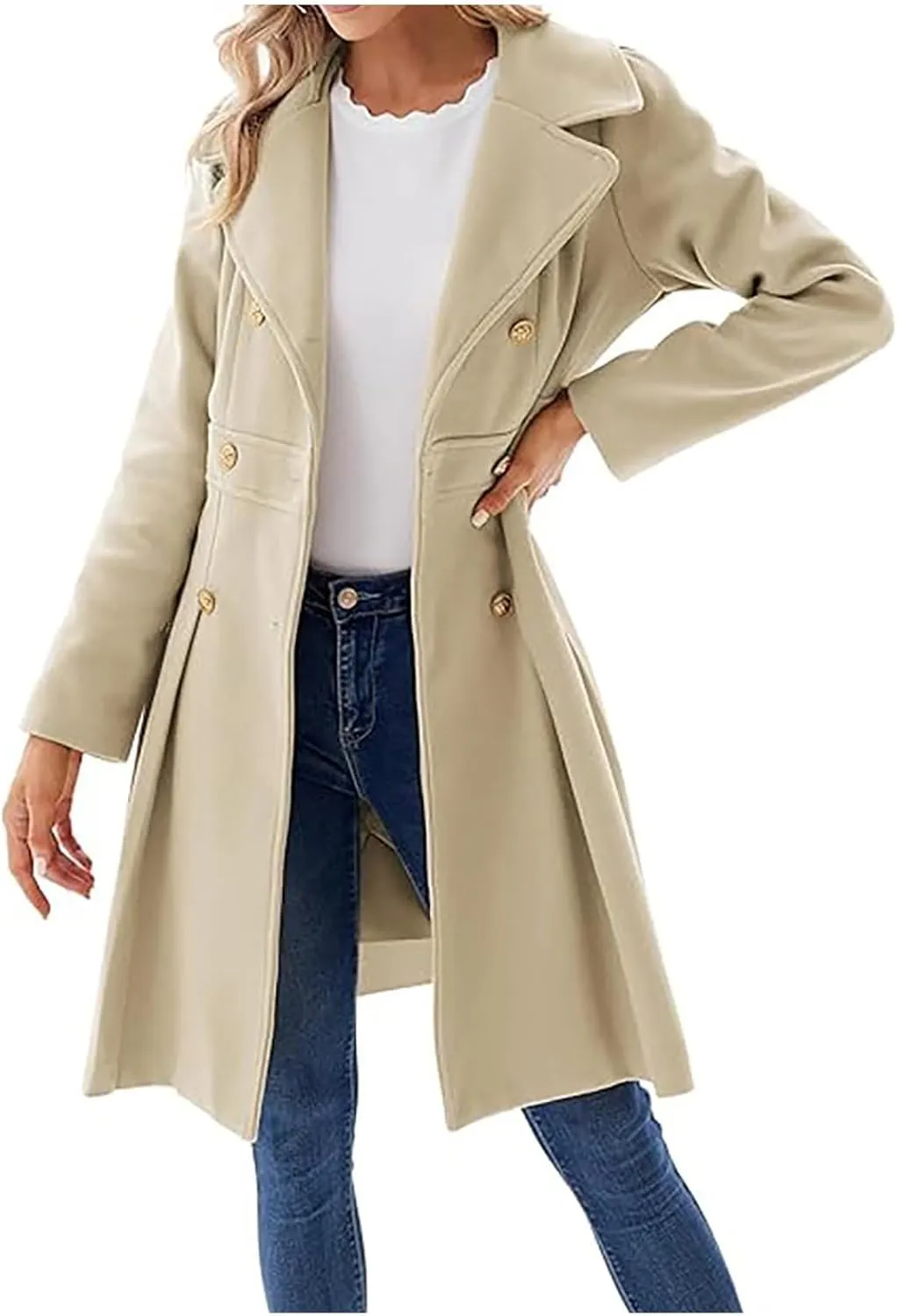 Mmoneyake Women's Fashion Trench Coat Notch Lapel Double Breasted Peacoat Elegant A Line Pea Coats Wool Blend Overcoat Jacket