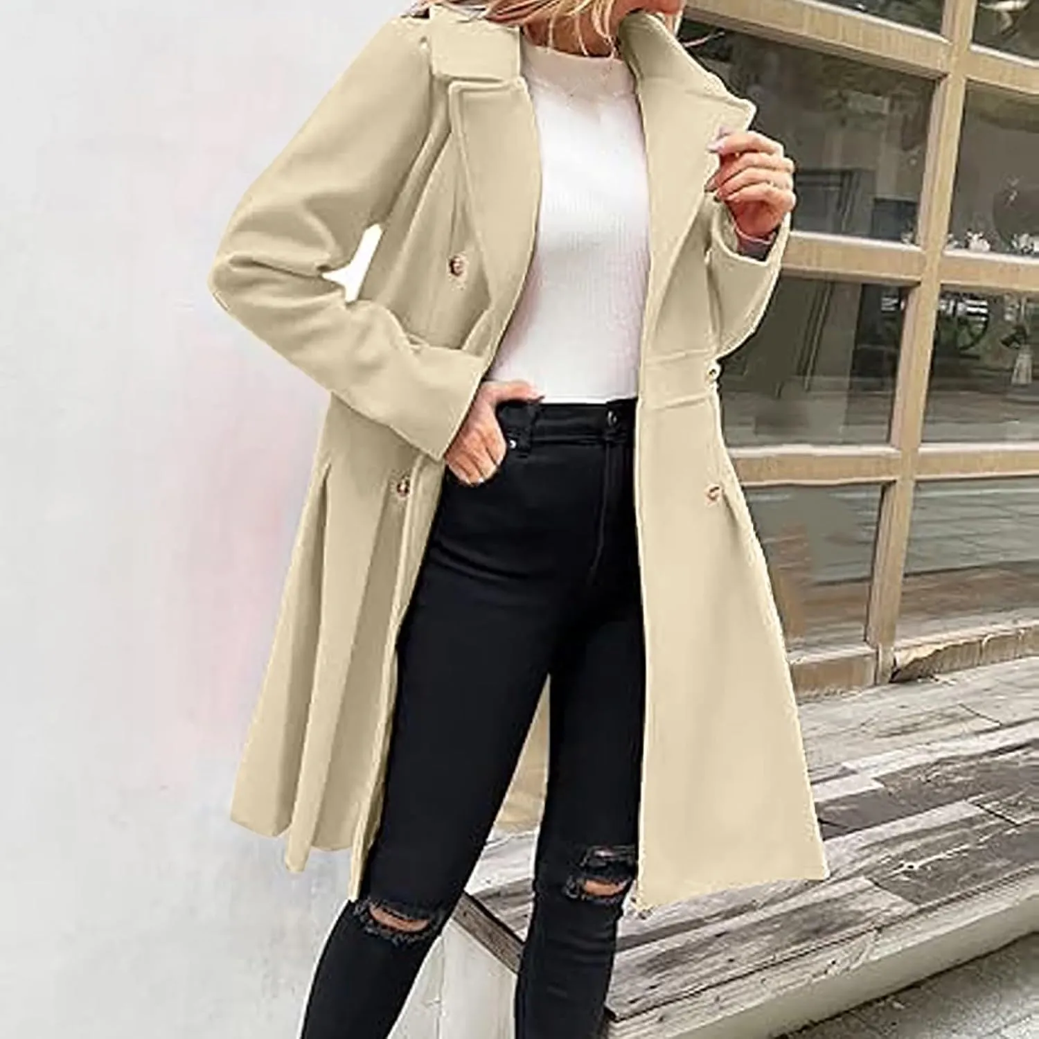 Mmoneyake Women's Fashion Trench Coat Notch Lapel Double Breasted Peacoat Elegant A Line Pea Coats Wool Blend Overcoat Jacket