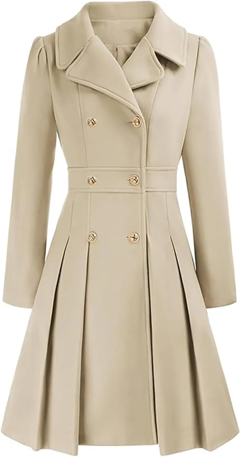Mmoneyake Women's Fashion Trench Coat Notch Lapel Double Breasted Peacoat Elegant A Line Pea Coats Wool Blend Overcoat Jacket