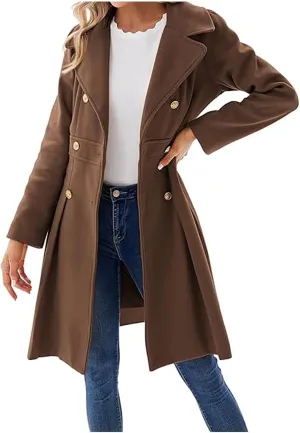 Mmoneyake Women's Fashion Trench Coat Notch Lapel Double Breasted Peacoat Elegant A Line Pea Coats Wool Blend Overcoat Jacket