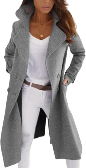 Mmoneyake Women's Winter Wool Coat Mid Long Pea Trench Coat Notch Lapel Double Breasted Peacoat Fall Lapel Jacket Outwear