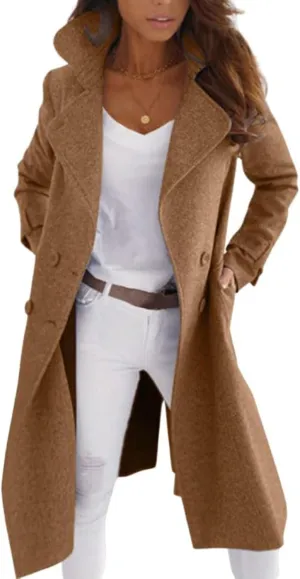 Mmoneyake Women's Winter Wool Coat Mid Long Pea Trench Coat Notch Lapel Double Breasted Peacoat Fall Lapel Jacket Outwear