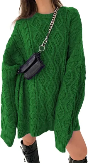 Mywinway Womens Oversized Sweaters Cable Knit Chunky 2024 Fall Winter Crew Neck Loose Tunic Pullover Sweater Dress