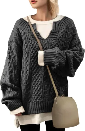NBXNZWF Women's Oversized Chunky Sweaters Long Sleeve V Neck Loose Cable Knit Pullover Fall Winter Warm Jumper Knitwear