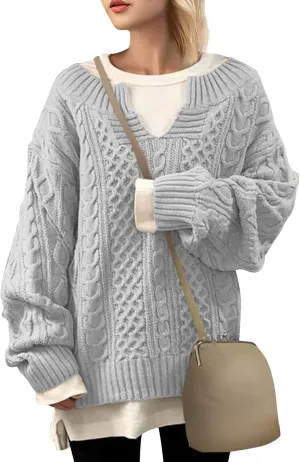 NBXNZWF Women's Oversized Chunky Sweaters Long Sleeve V Neck Loose Cable Knit Pullover Fall Winter Warm Jumper Knitwear