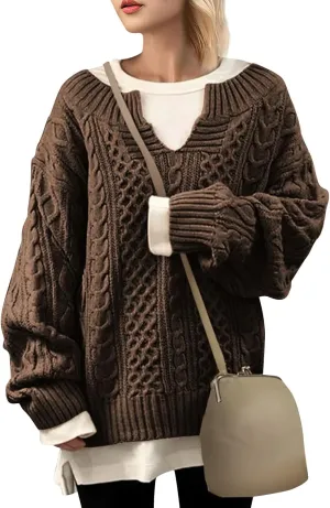 NBXNZWF Women's Oversized Chunky Sweaters Long Sleeve V Neck Loose Cable Knit Pullover Fall Winter Warm Jumper Knitwear