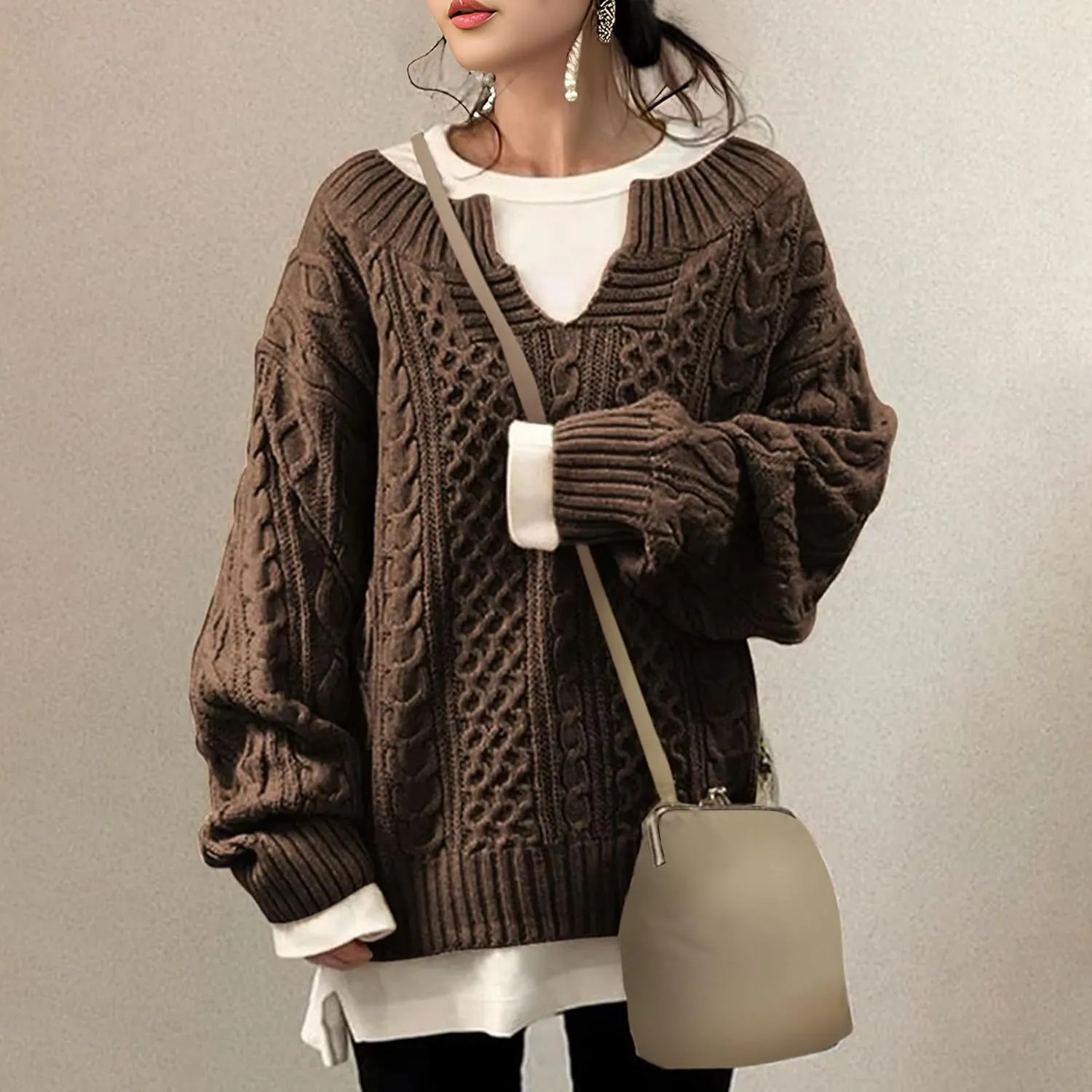 NBXNZWF Women's Oversized Chunky Sweaters Long Sleeve V Neck Loose Cable Knit Pullover Fall Winter Warm Jumper Knitwear