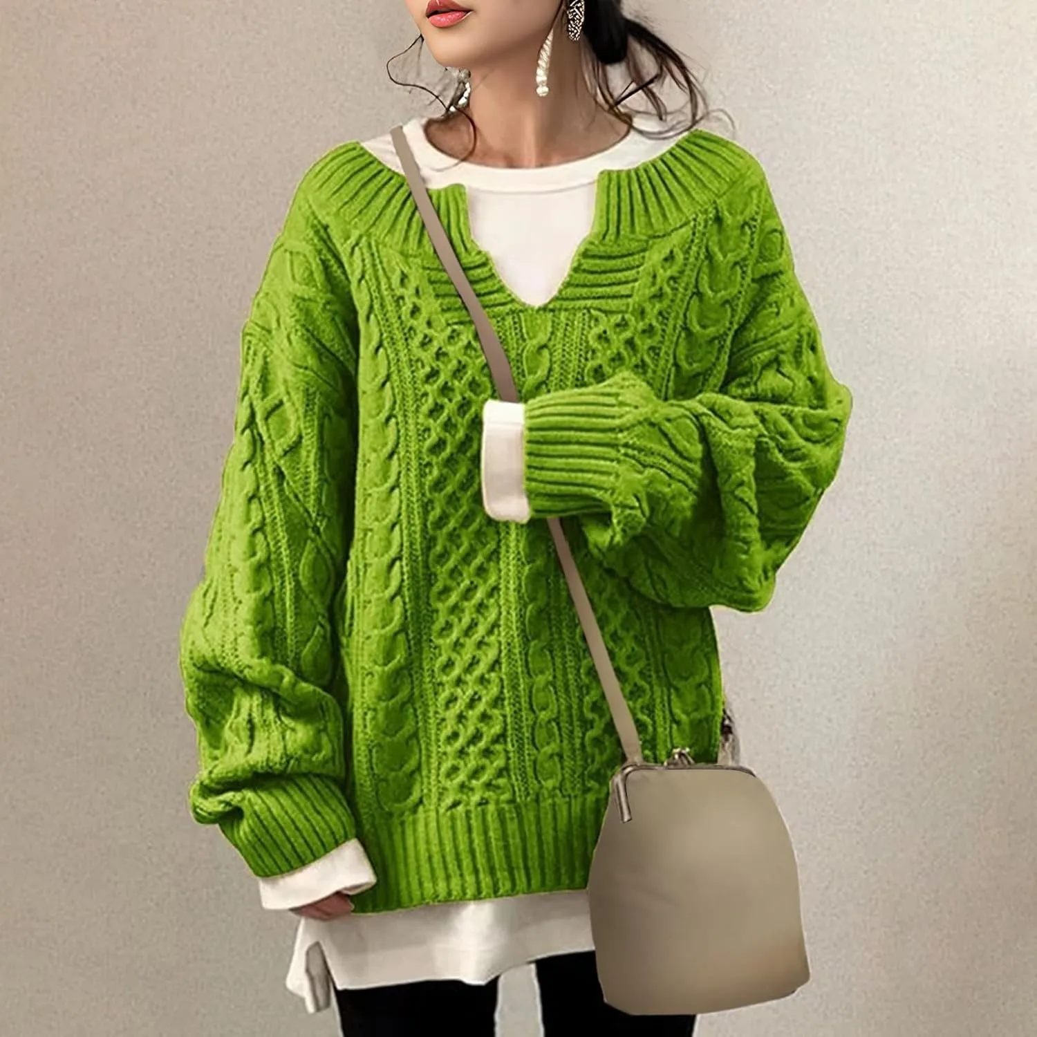 NBXNZWF Women's Oversized Chunky Sweaters Long Sleeve V Neck Loose Cable Knit Pullover Fall Winter Warm Jumper Knitwear