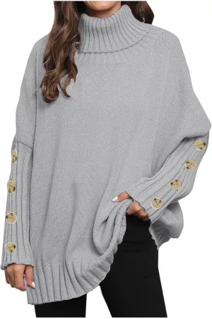 Oversized Sweaters for Women Turtle Neck Long Sleeve Blouse Loose Button Down Sweater Thick Warm Pullover Blouse
