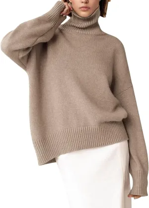 Oversized Sweaters for Women Turtleneck Sweater Long Sleeve Chunky Knitted Pullover High Low Hem Fall Jumper Tops