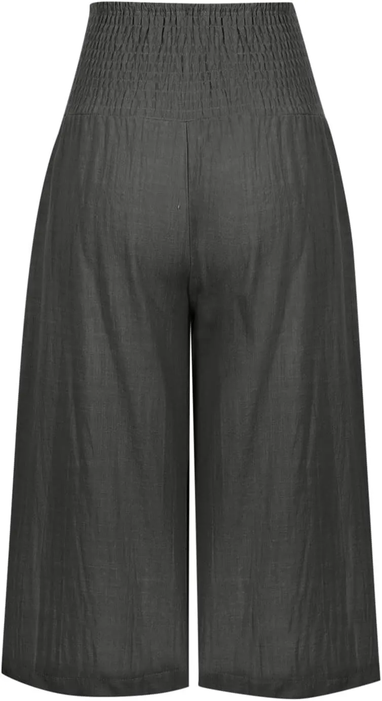 Palazzo Pants for Women Dressy Elastic High Waist Paperbag Pants Lightweight Flowy Casual Wide Leg Linen Pants