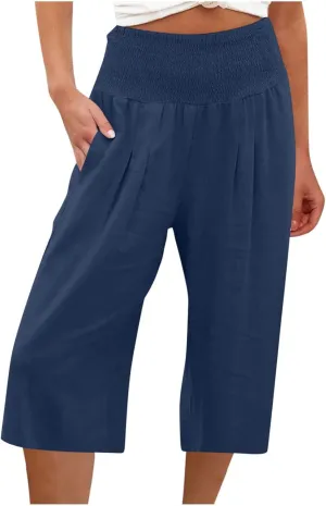 Palazzo Pants for Women Dressy Elastic High Waist Paperbag Pants Lightweight Flowy Casual Wide Leg Linen Pants
