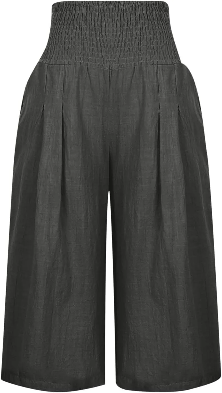 Palazzo Pants for Women Dressy Elastic High Waist Paperbag Pants Lightweight Flowy Casual Wide Leg Linen Pants