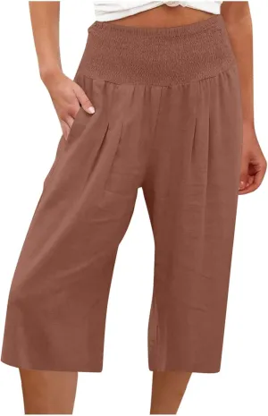 Palazzo Pants for Women Dressy Elastic High Waist Paperbag Pants Lightweight Flowy Casual Wide Leg Linen Pants