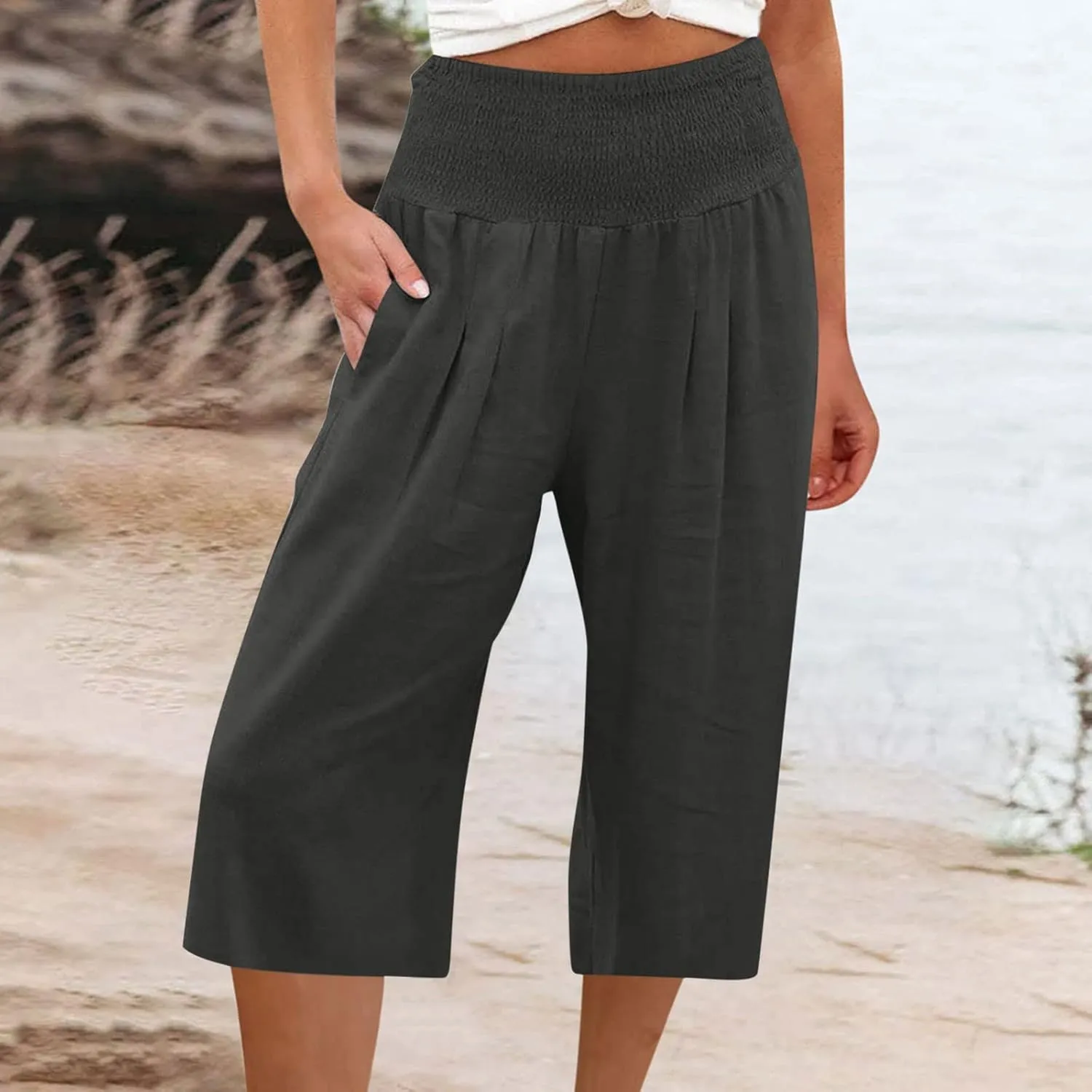 Palazzo Pants for Women Dressy Elastic High Waist Paperbag Pants Lightweight Flowy Casual Wide Leg Linen Pants