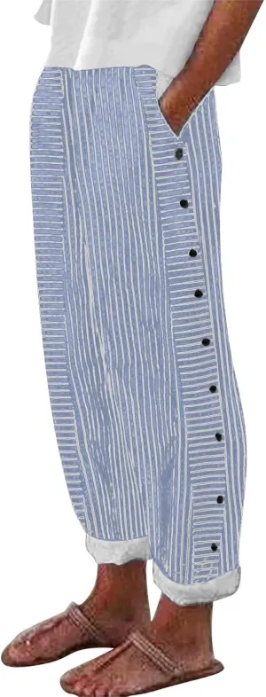 Pants for Women Olzeep Classy Striped Side Pocket Pants Women's Stripe Button Casual Loose Cotton Linen Pants