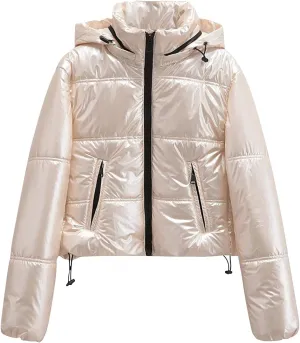 Peacoat Womens Coat Winter Quilted Cropped Jackets Fashion Metallic Puffer Puffer Thermal down Jackets with Hooded