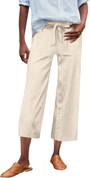 Pedal Pushers for Women Wide Leg Linen Capris with Pockets High Waisted Cropped Linen Pants Paperbag Gaucho Pants