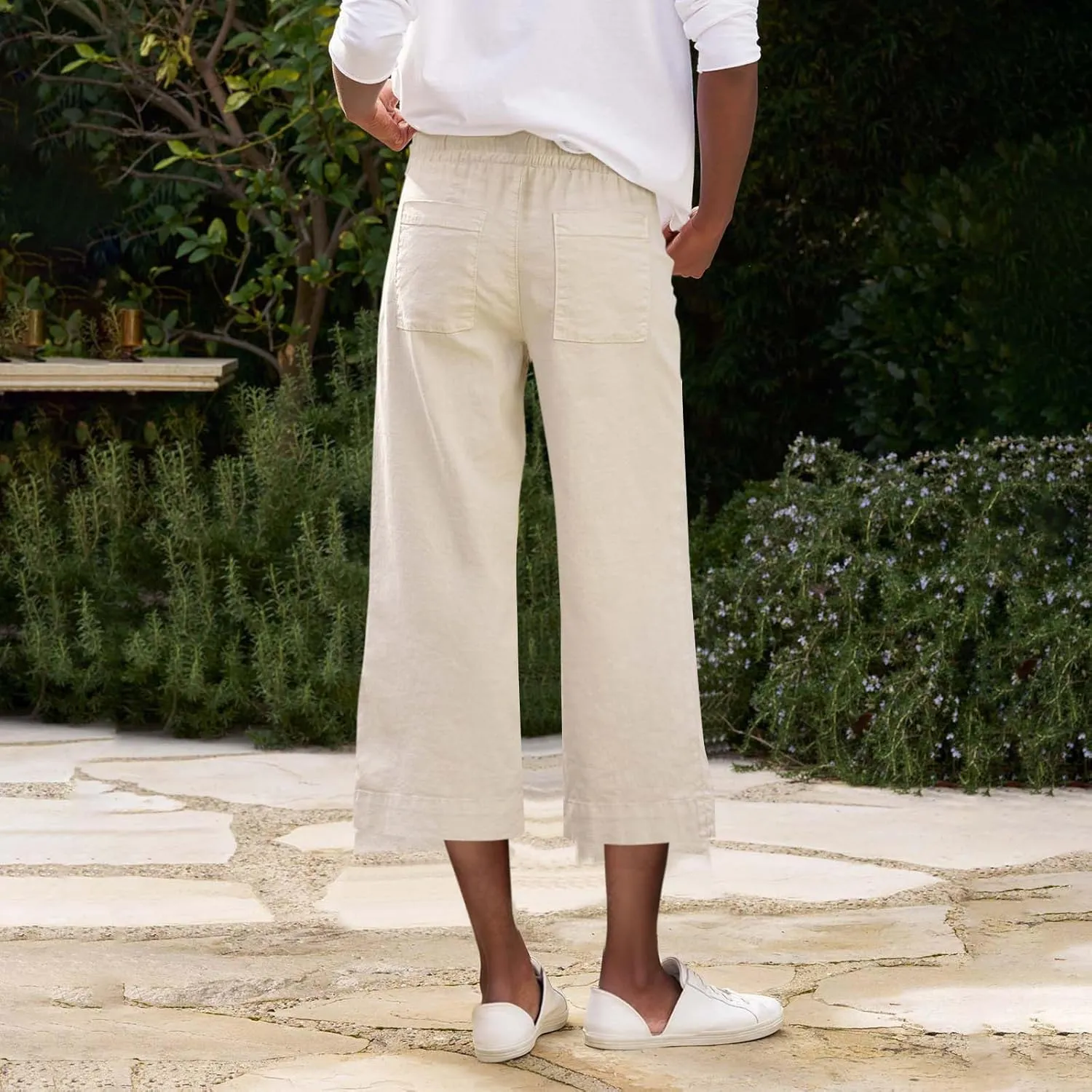 Pedal Pushers for Women Wide Leg Linen Capris with Pockets High Waisted Cropped Linen Pants Paperbag Gaucho Pants