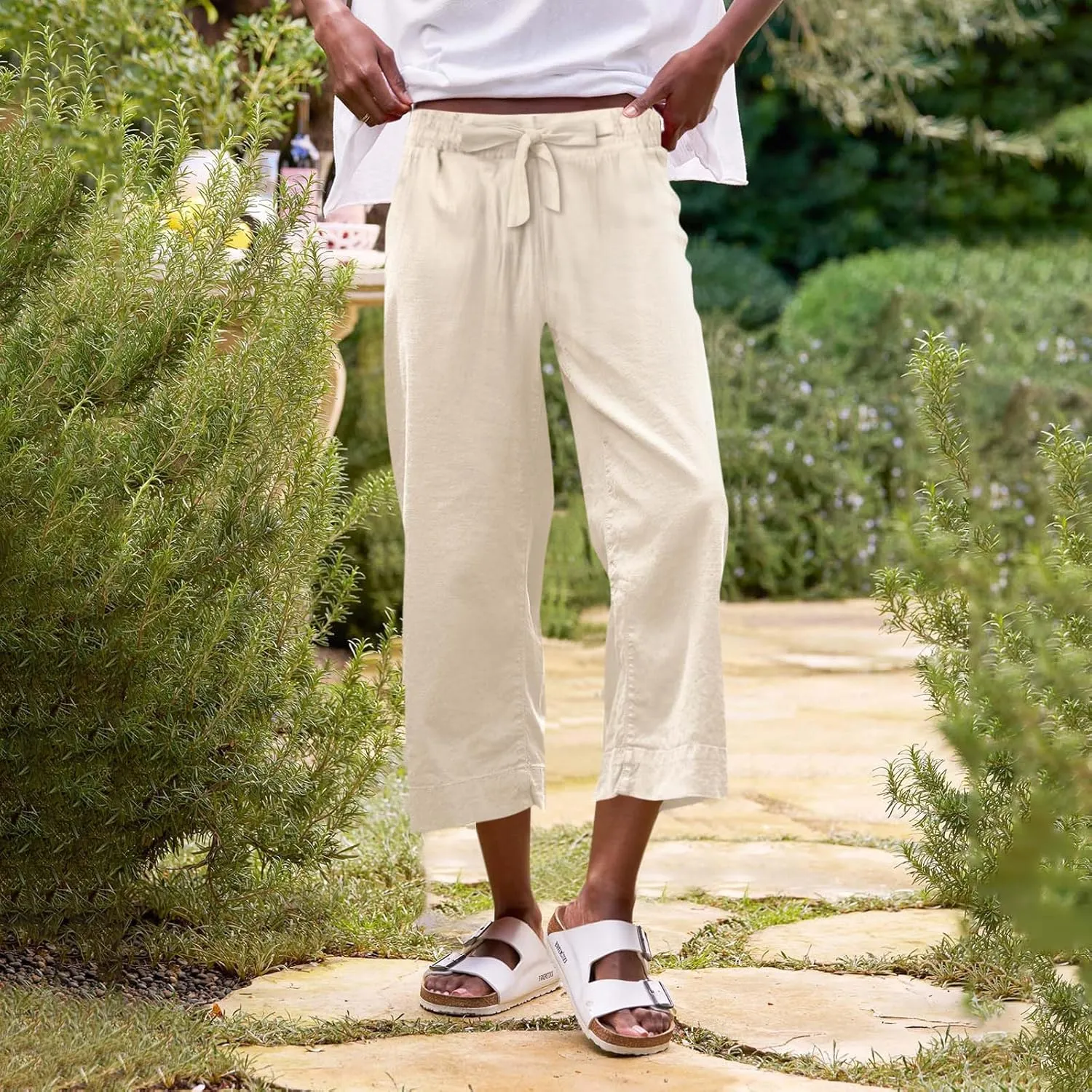 Pedal Pushers for Women Wide Leg Linen Capris with Pockets High Waisted Cropped Linen Pants Paperbag Gaucho Pants
