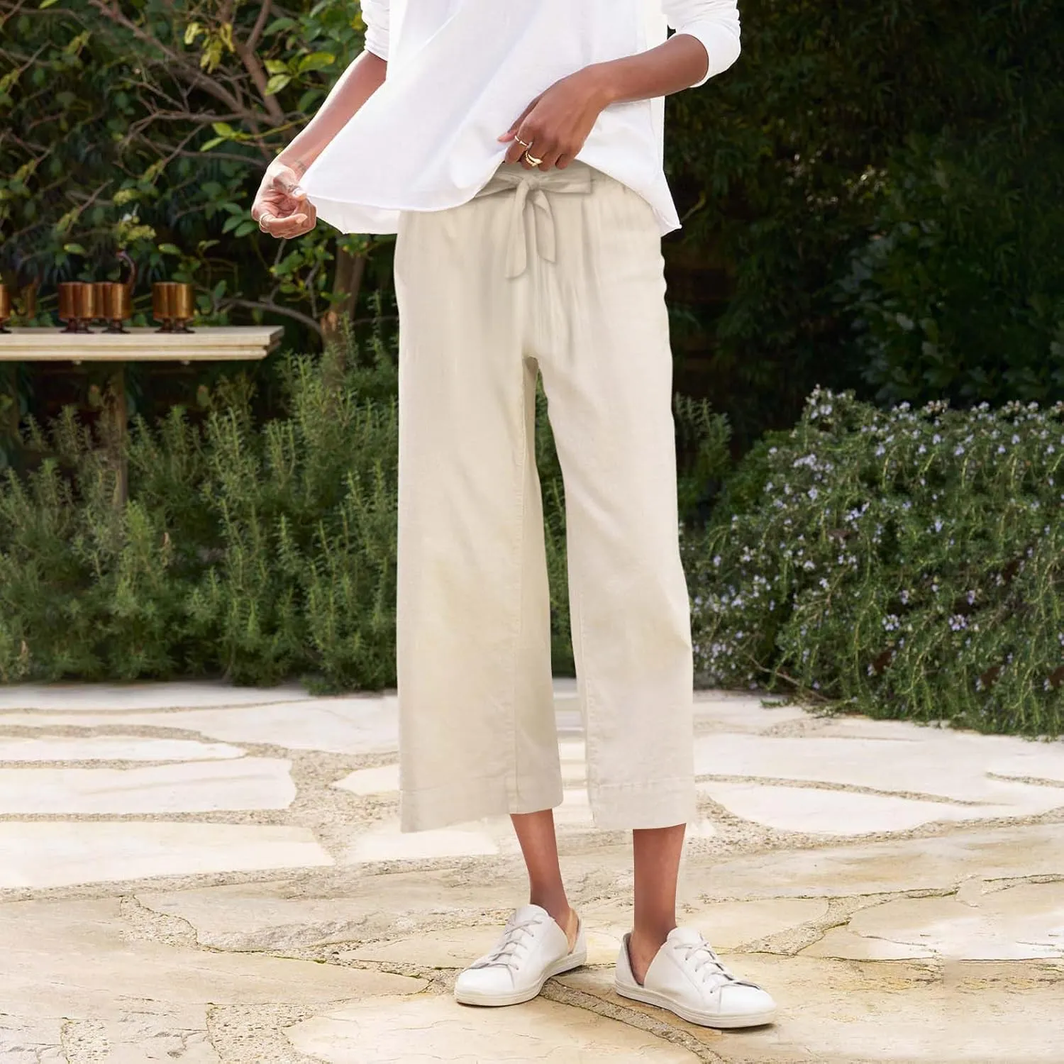 Pedal Pushers for Women Wide Leg Linen Capris with Pockets High Waisted Cropped Linen Pants Paperbag Gaucho Pants