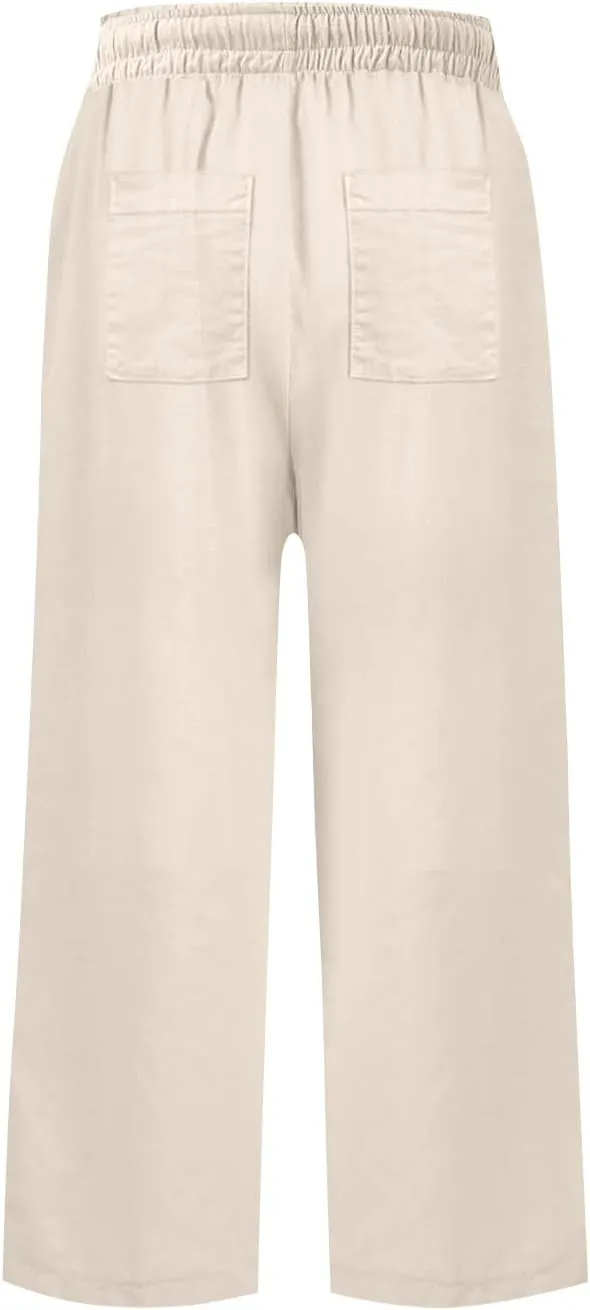 Pedal Pushers for Women Wide Leg Linen Capris with Pockets High Waisted Cropped Linen Pants Paperbag Gaucho Pants