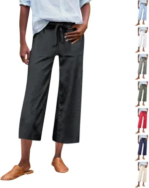 Pedal Pushers for Women Wide Leg Linen Capris with Pockets High Waisted Cropped Linen Pants Paperbag Gaucho Pants