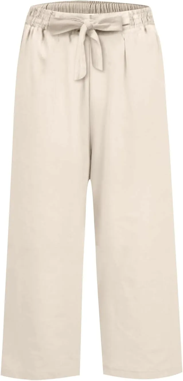 Pedal Pushers for Women Wide Leg Linen Capris with Pockets High Waisted Cropped Linen Pants Paperbag Gaucho Pants