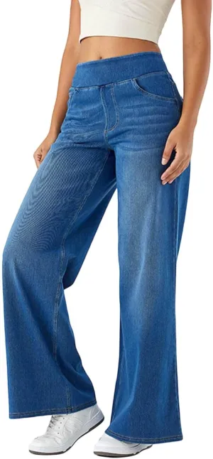 Photno Womens Elastic Waist Jeans Stretch Retro Wide Leg Loose Trousers Casual High Waisted Baggy Denim Pants with Pockets