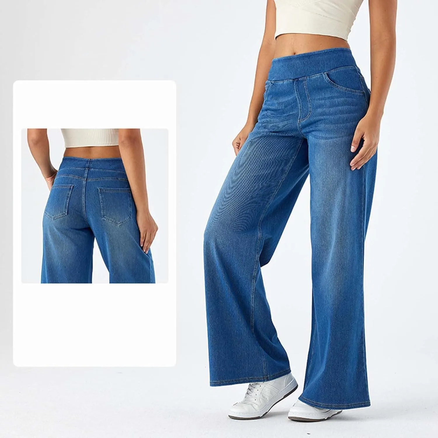 Photno Womens Elastic Waist Jeans Stretch Retro Wide Leg Loose Trousers Casual High Waisted Baggy Denim Pants with Pockets