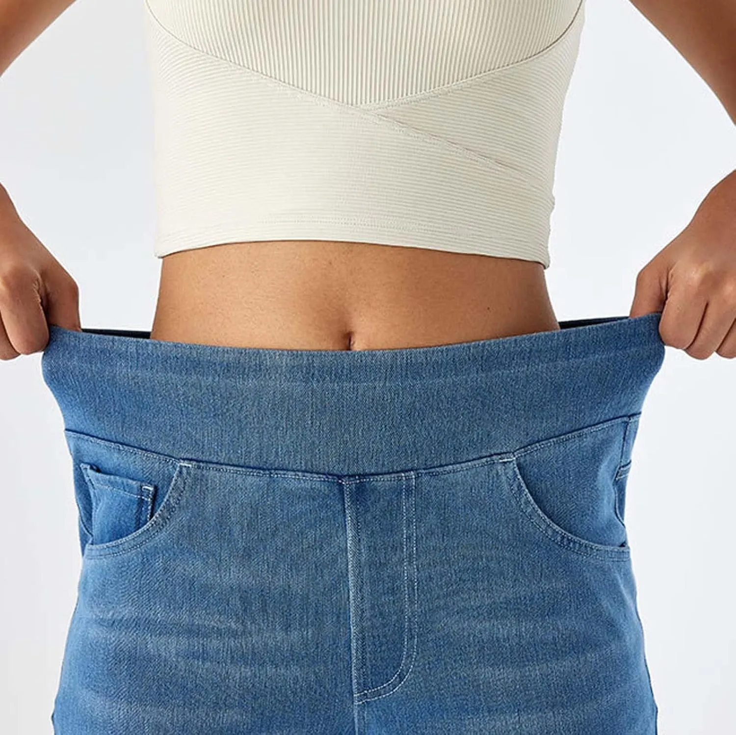 Photno Womens Elastic Waist Jeans Stretch Retro Wide Leg Loose Trousers Casual High Waisted Baggy Denim Pants with Pockets