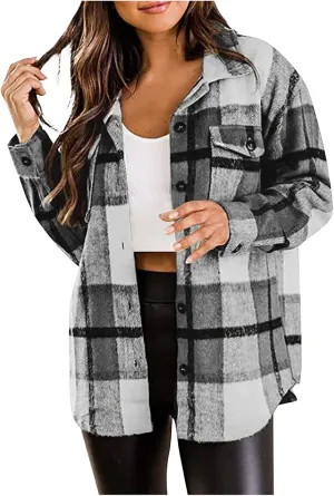 Plaid Shacket Womens Flannel Jacket Casual Fall Plaid Shacket Jacket Button Down Long Sleeve Shirt with Pockets