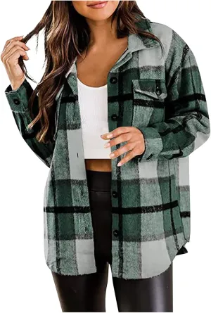 Plaid Shacket Womens Flannel Jacket Casual Fall Plaid Shacket Jacket Button Down Long Sleeve Shirt with Pockets