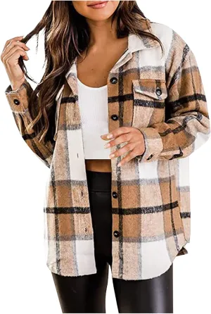 Plaid Shacket Womens Flannel Jacket Casual Fall Plaid Shacket Jacket Button Down Long Sleeve Shirt with Pockets