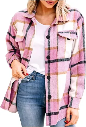 Plaid Shacket Womens Flannel Jacket Casual Fall Plaid Shacket Jacket Button Down Long Sleeve Shirt with Pockets