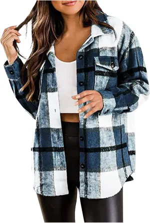 Plaid Shacket Womens Flannel Jacket Casual Fall Plaid Shacket Jacket Button Down Long Sleeve Shirt with Pockets