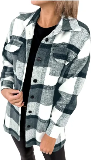 Plaid Shackets for Women 2023 with Pockets Wool Blend Flannel Jackets Button Lapel Long Sleeve Shirts Blouses Tops