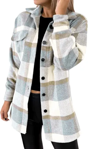 Plaid Shackets for Women 2023 with Pockets Wool Blend Flannel Jackets Button Lapel Long Sleeve Shirts Blouses Tops