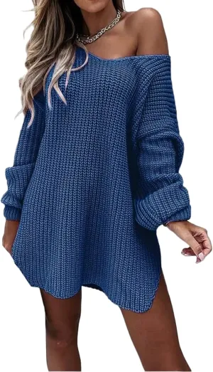 Plus Size Dress Sweaters for Women Off Shoulder V Neck Knit Pullover Long Sleeve Vintage Waffle Knit Tops