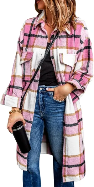 PRETTYGARDEN Women's 2025 Plaid Shacket Jacket Long Sleeve Button Down Shirts Fashion Winter Wool Coats