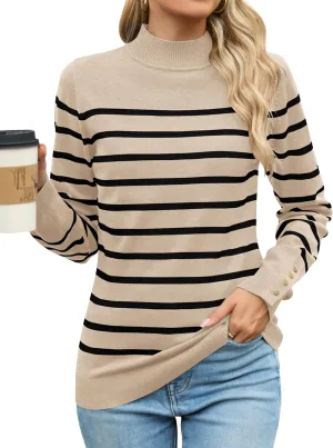 Qirno Womens Mock Neck Long Sleeve Knit Sweaters Turtleneck Casual Lightweight Button Cuffs Fall Pullover Sweater