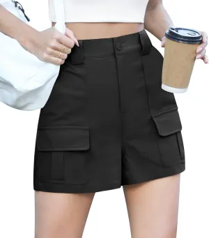 QUEZHU Women's High Waist Cargo Shorts 2024 Comfortable Traveling Shorts and Vintage Wide Leg Elastic Cotton Shorts
