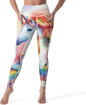 Rainbow Unicorns Women's Yoga Pants Leggings with Pockets High Waist Compression Workout Pants