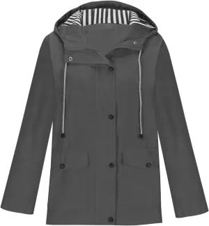Raincoat for Women Solid Rain Jacket Outdoor Drawstring Hooded Rain Coat Windproof Windbreaker Travel Outwear