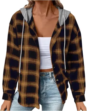 Ruziyoog Hooded Flannel Shirt for Women Long Sleeve Button Down Plaid Jacket Shacket Drawstring Fashion Boyfriend Top Pocket